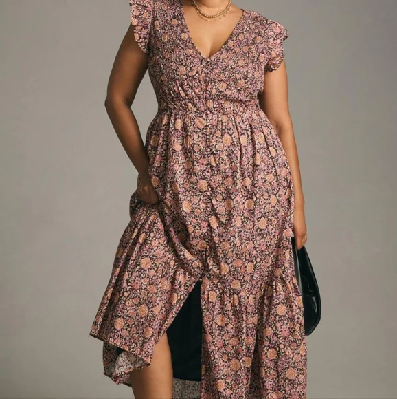 🏷️ Anthropologie Peregrine Midi Autumn Floral Ruffle Sleeve Dress Size 2X - Picture 3 of 5